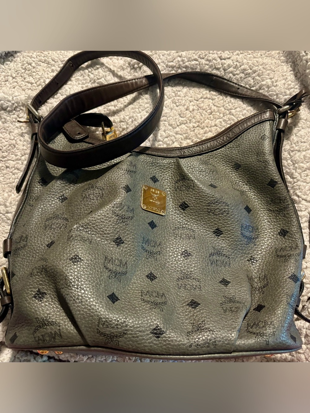MCM Grey Visetos Canvas and Dark Brown Leather Medium Hobo Bag